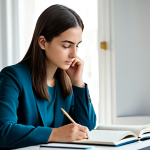 A professional woman, fully clothed in modest, appropriate attire, sits thoughtfully at a clean, modern desk, gently holding a pen over an open journal. Her expression is serene and contemplative, suggesting deep introspection and the process of writing her personal narrative. The background features a blurred, well-lit home office with subtle, artistic elements. The scene conveys a sense of inner peace, self-discovery, and empowerment through reflection. safe for work, appropriate content, fully clothed, family-friendly, perfect anatomy, correct proportions, natural pose, well-formed hands, proper finger count, natural body proportions, professional photography, high quality.