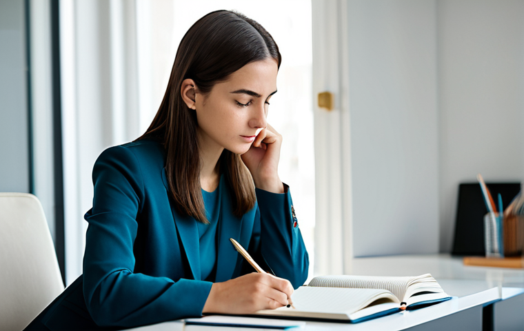 A professional woman, fully clothed in modest, appropriate attire, sits thoughtfully at a clean, modern desk, gently holding a pen over an open journal. Her expression is serene and contemplative, suggesting deep introspection and the process of writing her personal narrative. The background features a blurred, well-lit home office with subtle, artistic elements. The scene conveys a sense of inner peace, self-discovery, and empowerment through reflection. safe for work, appropriate content, fully clothed, family-friendly, perfect anatomy, correct proportions, natural pose, well-formed hands, proper finger count, natural body proportions, professional photography, high quality.