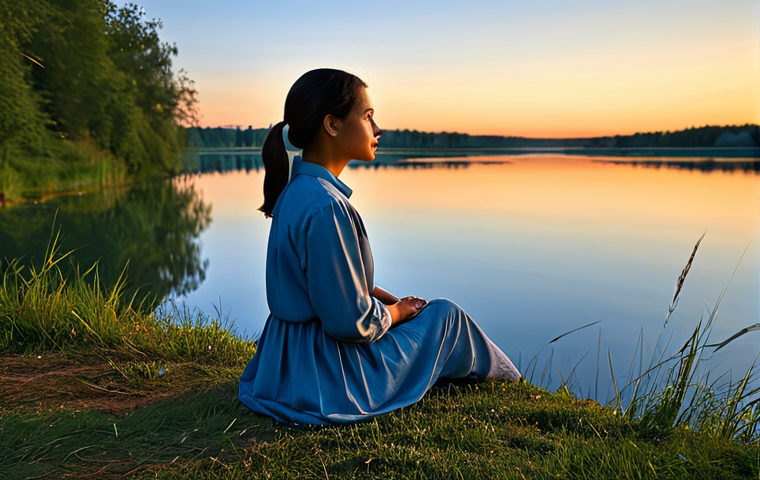 **Exploring Values:** "A serene individual in modest clothing, thoughtfully reflecting by a tranquil lake at sunset, symbolizing self-discovery and inner peace, fully clothed, appropriate content, safe for work, professional photography, natural pose, perfect anatomy."