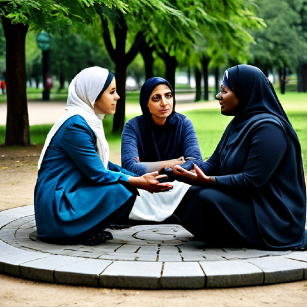 Understanding Emotions**
A diverse group of people in modest clothing, sitting in a circle, sharing their feelings. The background is a calming park scene. safe for work, appropriate content, fully clothed, professional, perfect anatomy, correct proportions, natural pose, emphasizing empathy and understanding.
**