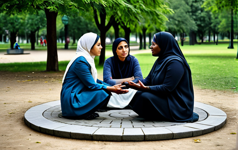Understanding Emotions**
A diverse group of people in modest clothing, sitting in a circle, sharing their feelings. The background is a calming park scene. safe for work, appropriate content, fully clothed, professional, perfect anatomy, correct proportions, natural pose, emphasizing empathy and understanding.
**