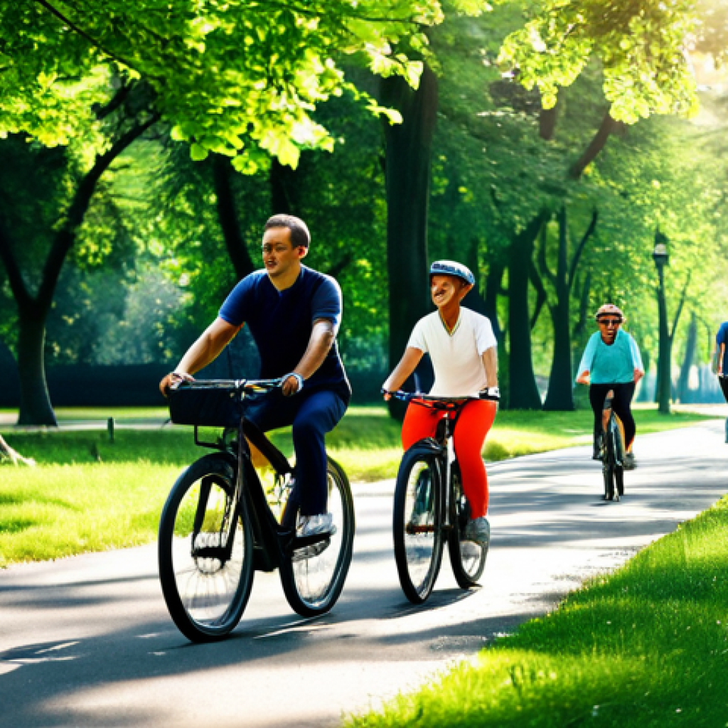 내러티브 건강법의 자전거 여행 프로그램 - **Family Cycling in a Park:** A family of four, fully clothed in modest athletic wear, cycles along ...