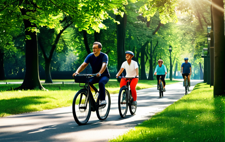 내러티브 건강법의 자전거 여행 프로그램 - **Family Cycling in a Park:** A family of four, fully clothed in modest athletic wear, cycles along ...