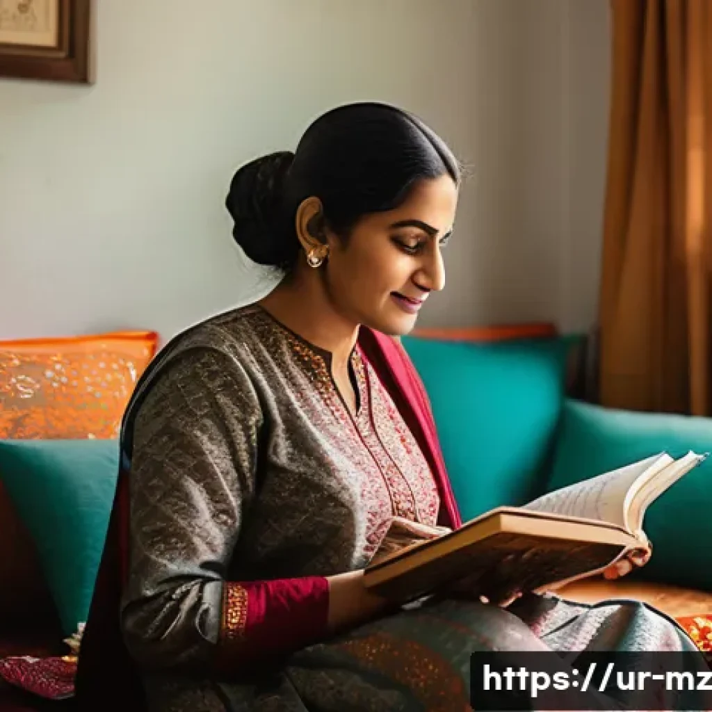 내러티브 건강법과 지혜의 역할 - A serene and uplifting scene depicting a middle-aged South Asian woman in traditional shalwar kameez...