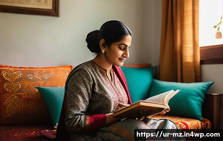 내러티브 건강법과 지혜의 역할 - A serene and uplifting scene depicting a middle-aged South Asian woman in traditional shalwar kameez...