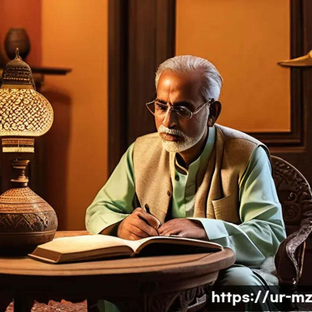 내러티브 건강법과 자기 반성의 중요성 - A peaceful scene of a middle-aged South Asian man sitting calmly in a traditional Pakistani living r...