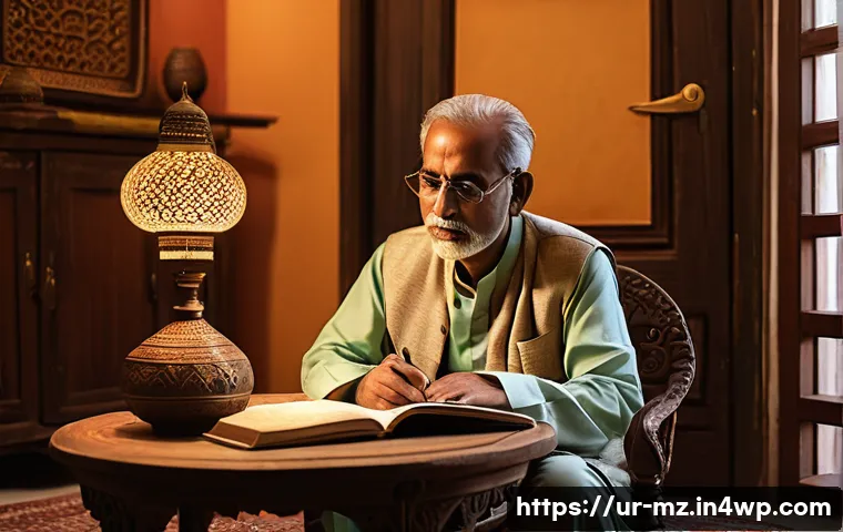 내러티브 건강법과 자기 반성의 중요성 - A peaceful scene of a middle-aged South Asian man sitting calmly in a traditional Pakistani living r...