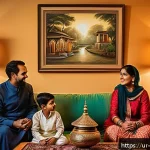 Home 21 내러티브 건강법과 언어의 역할 - A warm, cozy family living room scene in a traditional South Asian home decorated with intricate pat...