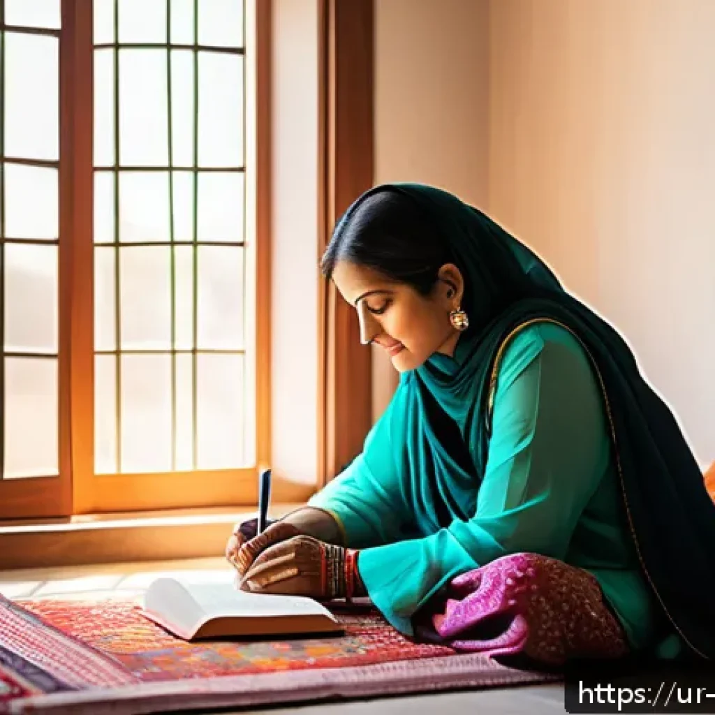 내러티브 건강법의 구체적인 적용 방법 - A serene morning scene in a traditional Pakistani home, featuring a middle-aged Urdu-speaking woman ...
