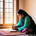 Home 20 내러티브 건강법의 구체적인 적용 방법 - A serene morning scene in a traditional Pakistani home, featuring a middle-aged Urdu-speaking woman ...