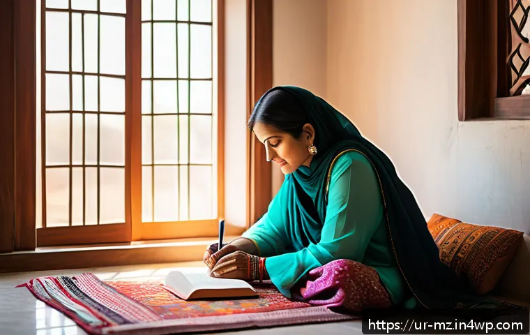 내러티브 건강법의 구체적인 적용 방법 - A serene morning scene in a traditional Pakistani home, featuring a middle-aged Urdu-speaking woman ...