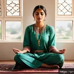Home 19 내러티브 건강법의 성과 평가 방법 - A serene scene of a South Asian woman in modest traditional attire sitting cross-legged on a pattern...