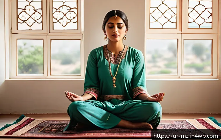 내러티브 건강법의 성과 평가 방법 - A serene scene of a South Asian woman in modest traditional attire sitting cross-legged on a pattern...