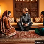 Home 18 내러티브 건강법과 정신적 회복 속도 - A warm and cozy family scene set in a traditional Pakistani living room with ornate wooden furniture...