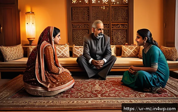 내러티브 건강법과 정신적 회복 속도 - A warm and cozy family scene set in a traditional Pakistani living room with ornate wooden furniture...