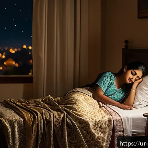 Home 17 내러티브 건강법의 실습 과정 - A serene bedroom scene at night in a traditional South Asian home, softly lit with warm tones. A you...