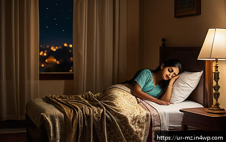 내러티브 건강법의 실습 과정 - A serene bedroom scene at night in a traditional South Asian home, softly lit with warm tones. A you...