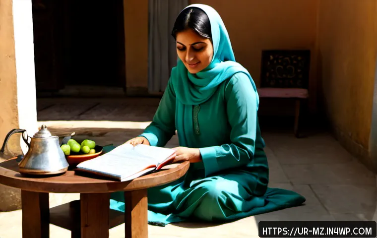 Home 17 내러티브 건강법의 예술적 표현 방법 - Photorealistic Pakistani wellness storyteller in a sunlit Lahore home courtyard, a middle-aged woman...