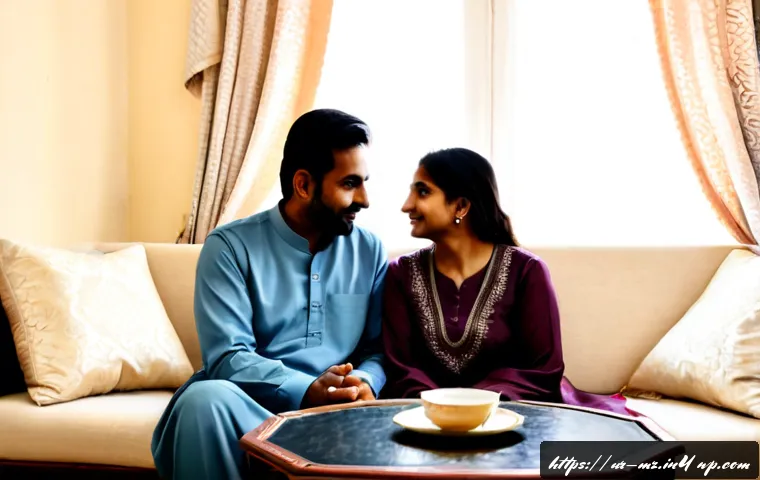 Home 17 내러티브 건강법을 통한 관계 개선 - Photorealistic Pakistani family wellness conversation in a bright Lahore living room, a middle-aged ...